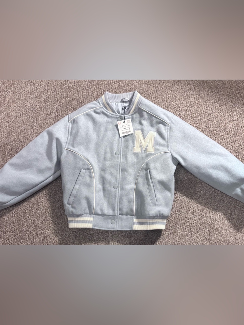 Zara Light Blue Varsity Jacket with Cream 'M' Patch